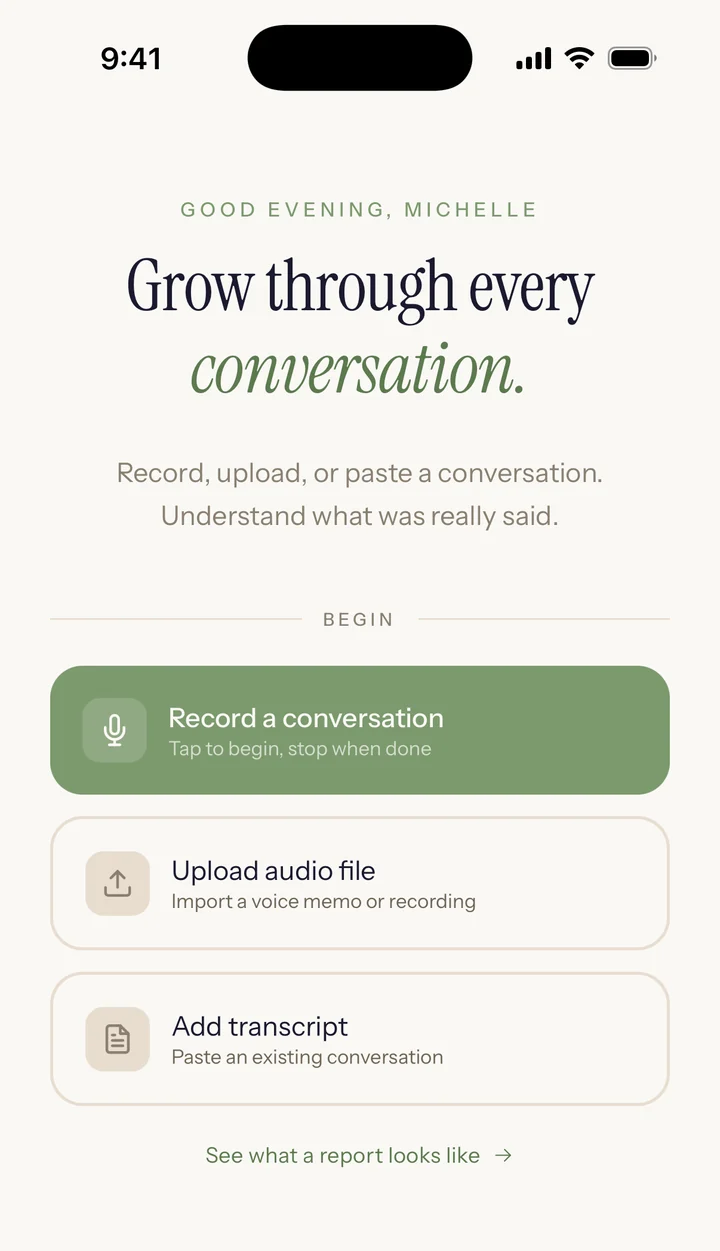Winnow's Home screen with Record a conversation, Upload audio file and Add transcript.