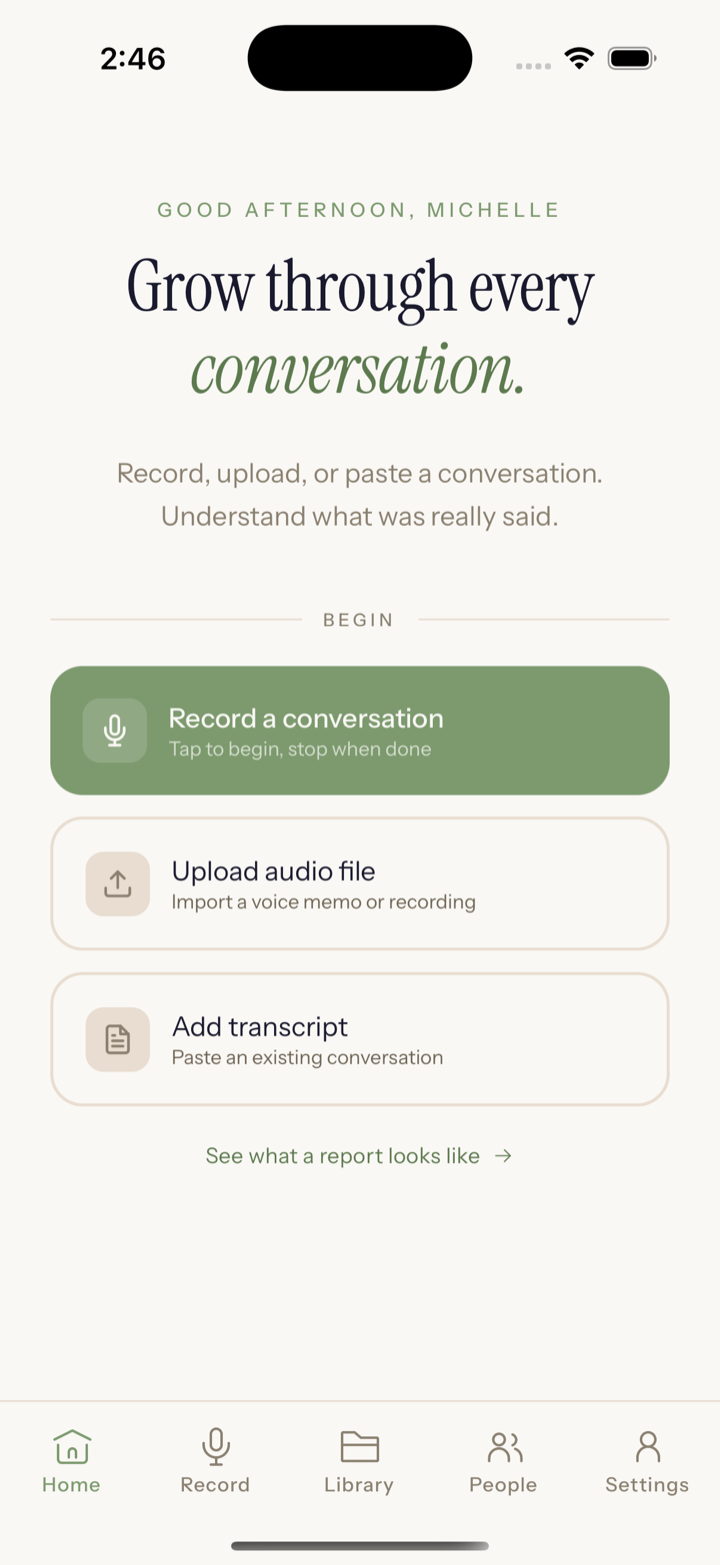 Winnow home screen: a serif headline reads Grow through every conversation, with cards to record a conversation, upload an audio file, or add a transcript.