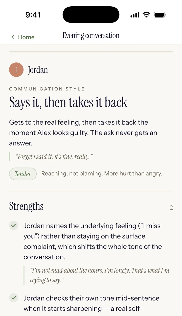 Winnow's example report: Jordan's communication style, Says it, then takes it back, and Jordan's strengths.